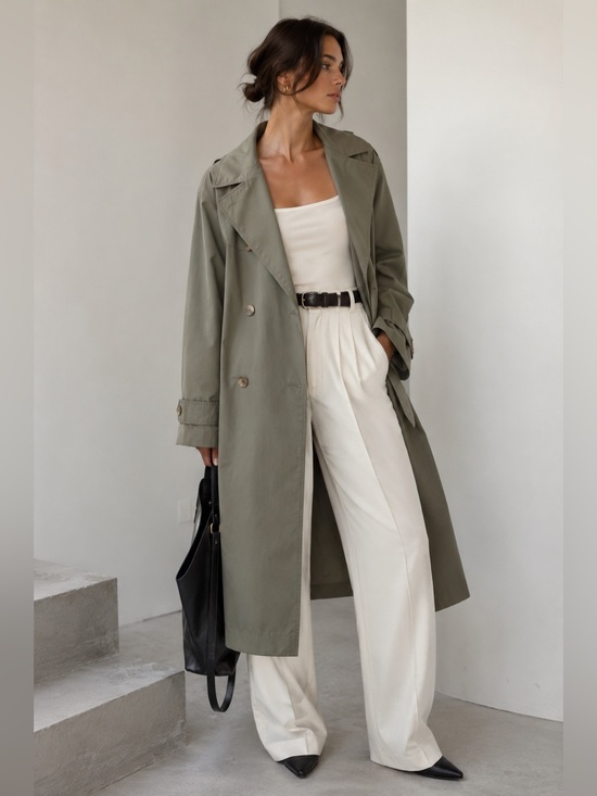 Vintage Jackets & Blazers - Vintage XXVI Sage Green Trench Coat | Minimalist Double Breasted Duster | 90s
